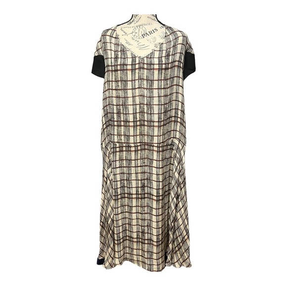 Gary Graham Silk Dress Neutral Red Black Plaid Sheer Lightweight V-Neck MuMu - Picture 5 of 13